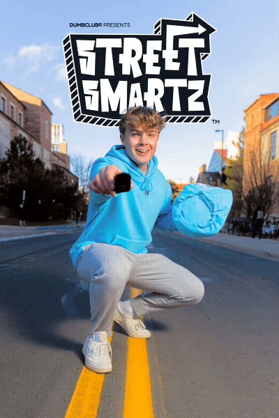 Street Smartz brand image featuring the creator crouched in a blue hoodie outdoors.